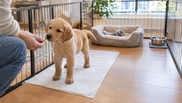 Labrador puppy standing on a puppy pad at one end of an indoor pen while its owner offers a small reward, with the dog bed and water bowl at the far end