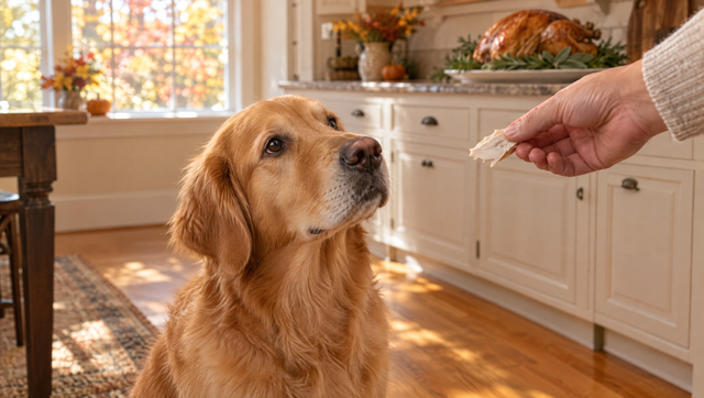 A golden retriever sitting politely as a hand offers one small piece of plain cooked turkey breast, with the roast turkey kept far back on the counter