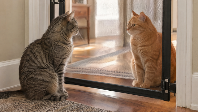 A tabby cat and an orange cat calmly seeing each other through a mesh pet gate, a key step in how to introduce cats