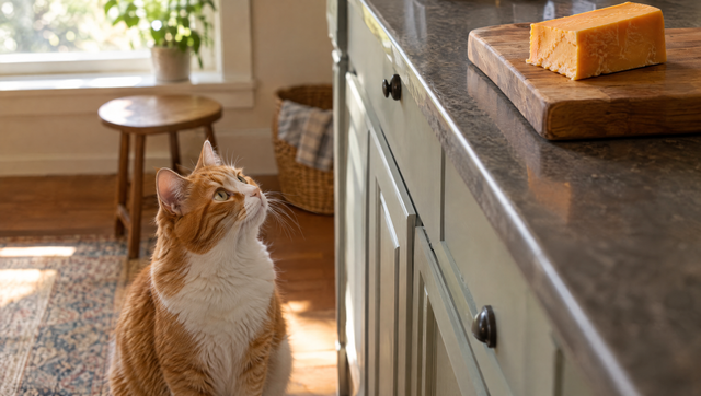 Orange and white cat sitting on a kitchen floor looking up at a block of cheddar cheese on a countertop, out of reach