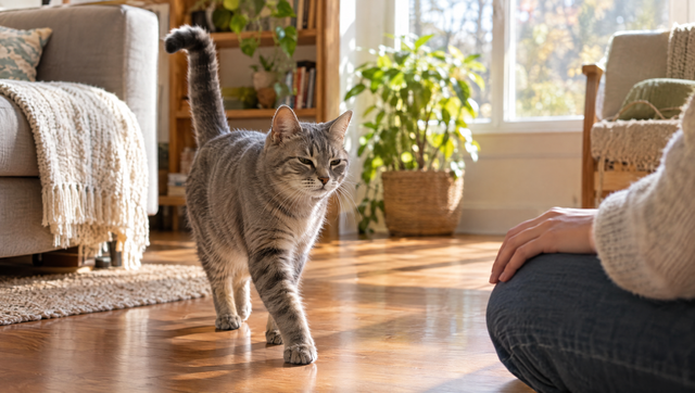 A relaxed gray tabby cat walking toward a seated person with its tail held up, ears forward and eyes softly narrowed, a friendly example of cat body language