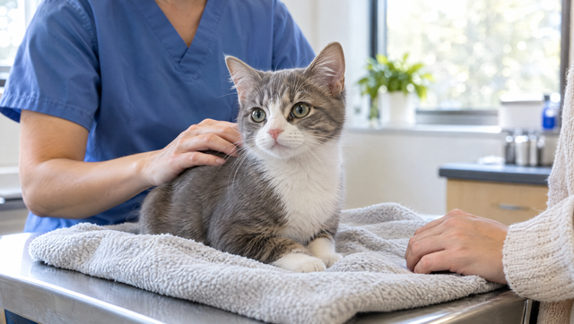 A calm five-month-old gray and white cat on a towel at a vet check before being spayed
