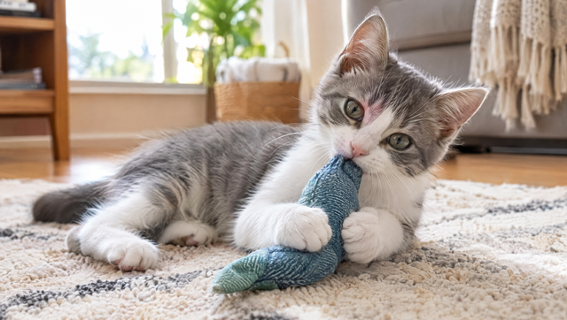 Gray and white kitten lying on a rug chewing a soft fabric toy held in its paws, a safe choice during kitten teething