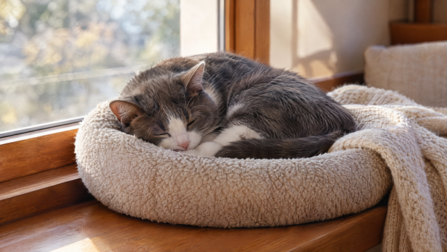 A gray and white cat curled up asleep in a soft round bed on a sunny window ledge