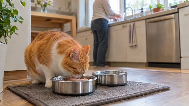 An orange and white cat eats cooked wet cat food from a steel bowl while a person washes their hands at the kitchen sink behind