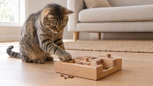 Tabby cat pawing kibble out of a wooden puzzle feeder on a living room floor, a simple way to make indoor cat food mealtimes more active