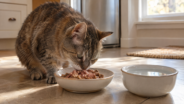 Older tabby cat eating wet senior cat food from a shallow dish on the kitchen floor, with a bowl of fresh water beside it