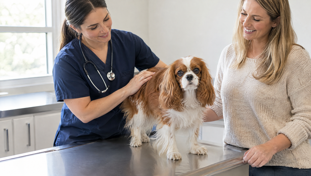 A Cavalier King Charles spaniel standing calmly on a vet's exam table while a veterinarian gently checks it and its owner looks on