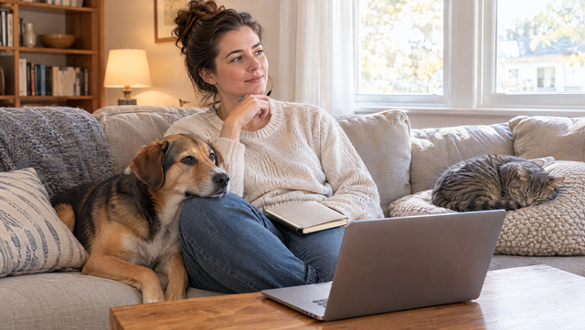 A woman on a sofa with a laptop and notebook weighs whether pet insurance is worth it, her dog resting its chin on her knee and a tabby cat asleep beside her