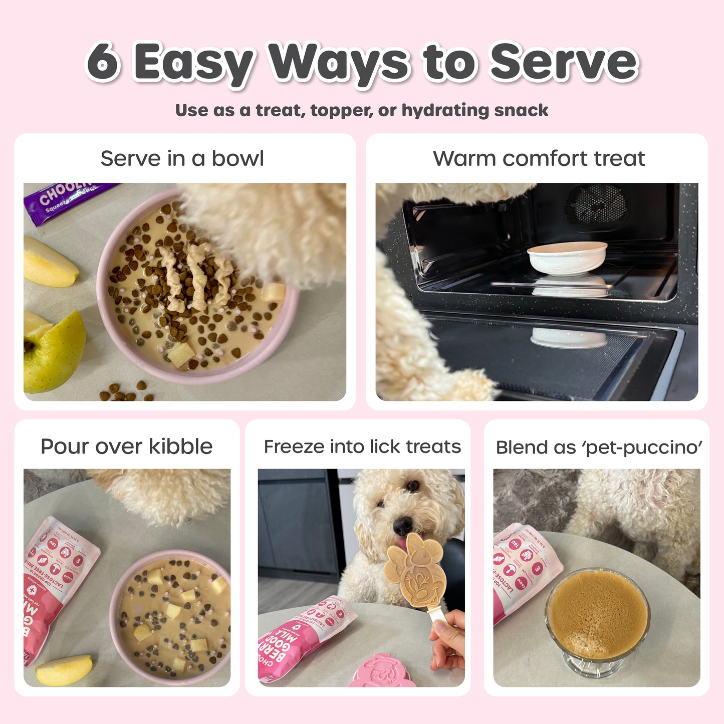 6 Easy Ways to Serve text with images of a dog interacting with pet food and treats.