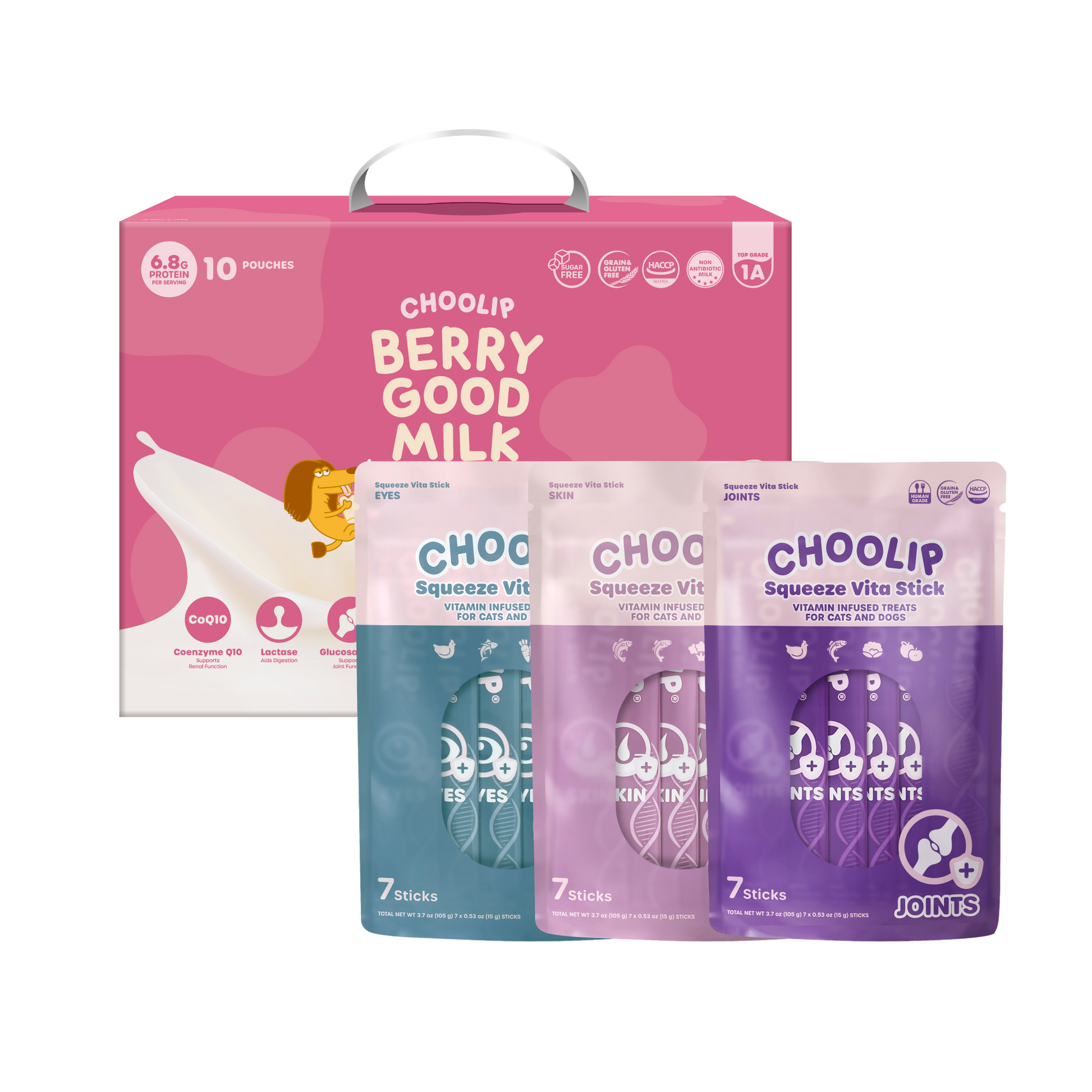 Choolip Fall Wellness Bundle for cats and dogs with Berry Good Milk and Squeeze Vita Stick, 18% discount September limited edition pet wellness deal