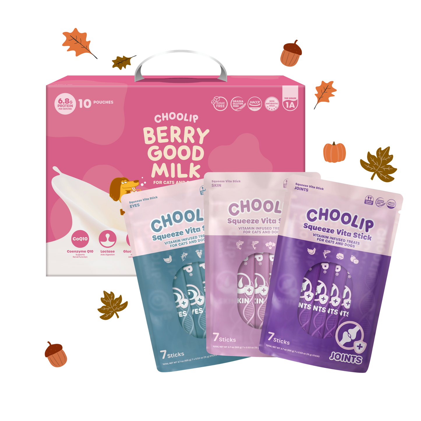 Choolip Fall Wellness Bundle for cats and dogs with Berry Good Milk and Squeeze Vita Stick, 18% discount September limited edition pet wellness deal
