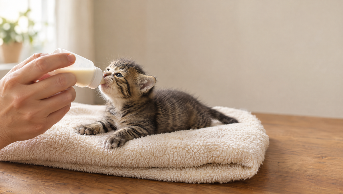 A young tabby kitten lying on its belly on a towel, drinking kitten milk replacer from a small bottle