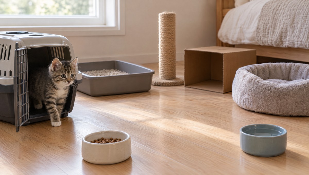 A tabby kitten steps out of an open carrier into a quiet room set up with kitten supplies: a low-sided litter box, scratching post, hiding box, bed and separate food and water bowls