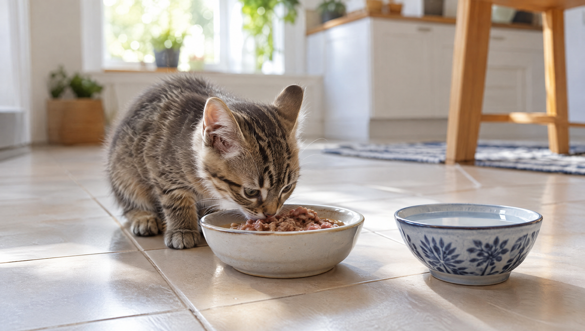 Tabby kitten eating wet kitten food from a bowl, with a separate bowl of fresh water beside it
