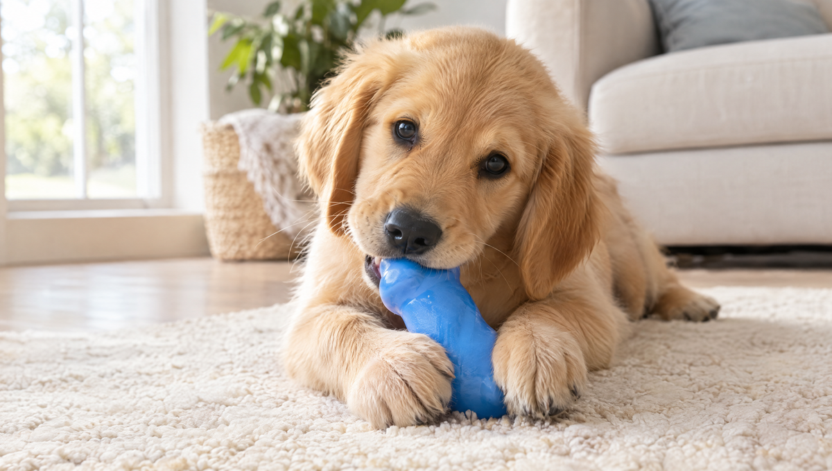 Golden retriever puppy lying on a cream rug chewing a soft blue rubber puppy teething toy