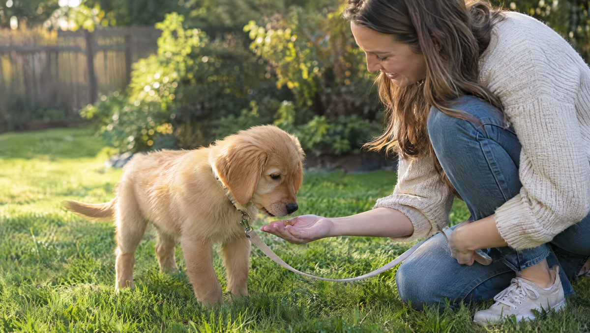Golden retriever puppy on a leash on a backyard lawn taking a small food reward from its owner's hand during puppy potty training