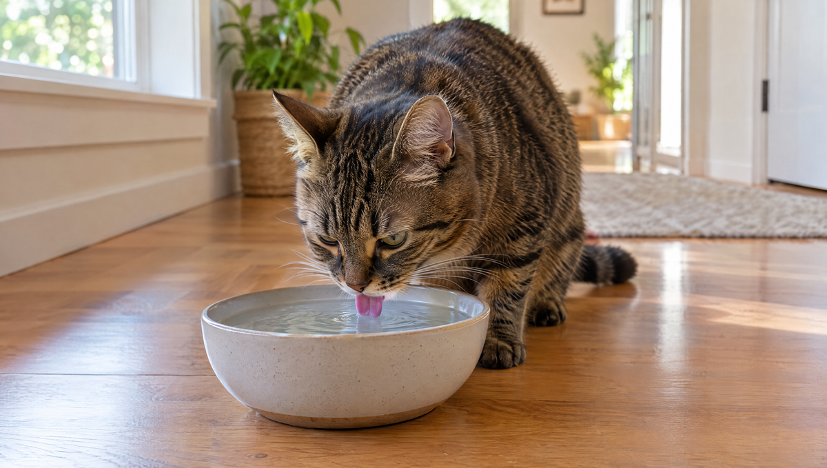 Tabby cat drinking from a wide ceramic water bowl placed on its own in a sunny hallway, a simple cat hydration setup