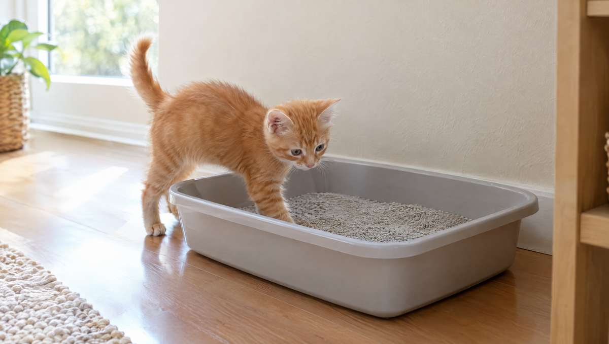 Ginger kitten stepping into a low-sided, open kitten litter box with a shallow layer of clumping litter