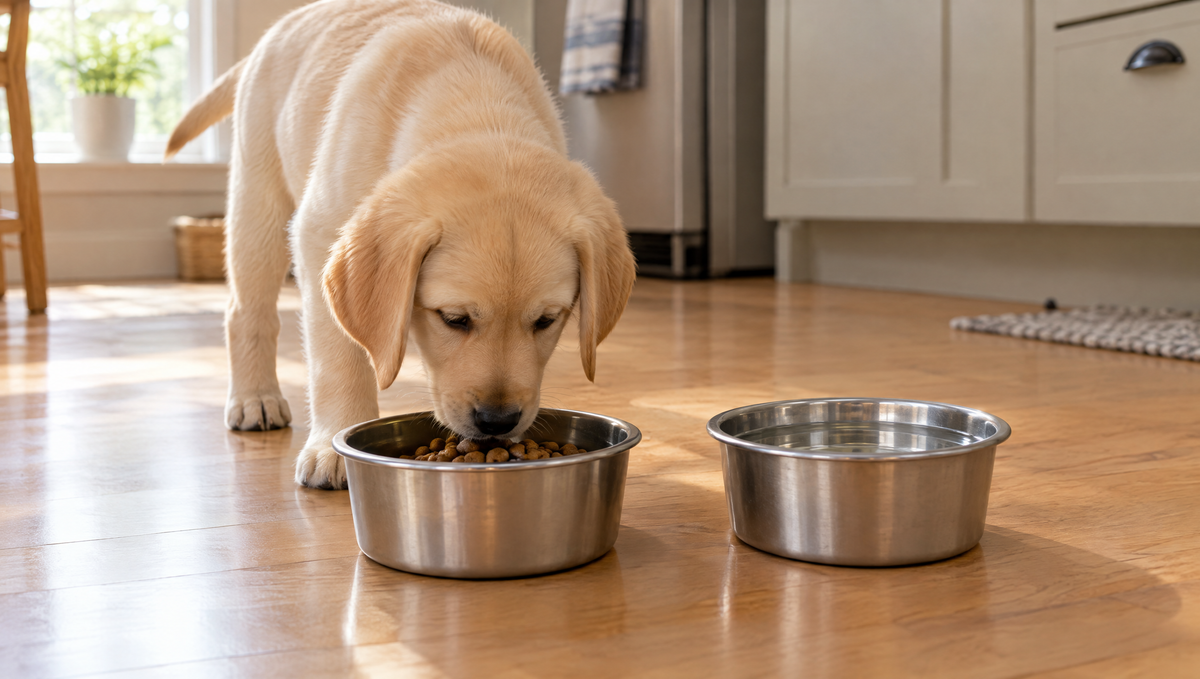 Yellow Labrador puppy eating a measured portion of puppy food from a steel bowl beside a bowl of fresh water