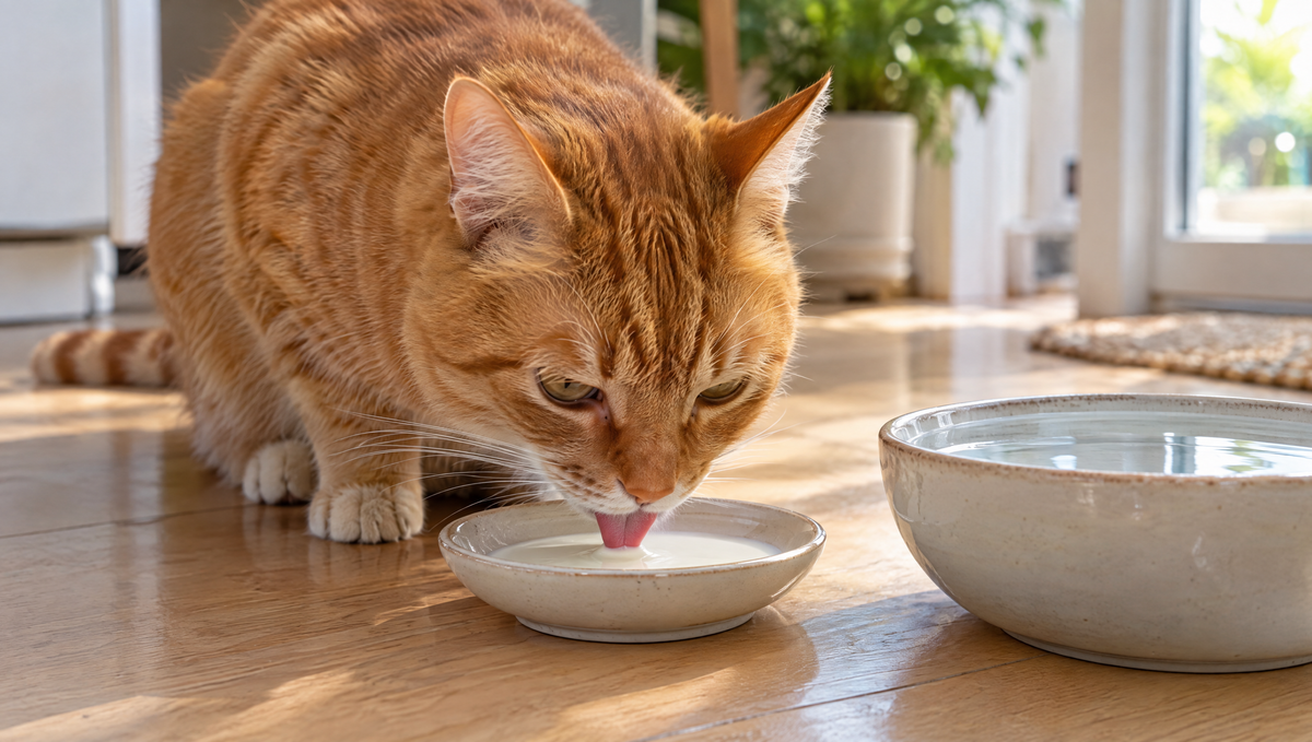 An orange tabby cat laps a small amount of cat milk from a shallow saucer, with a larger bowl of fresh water beside it