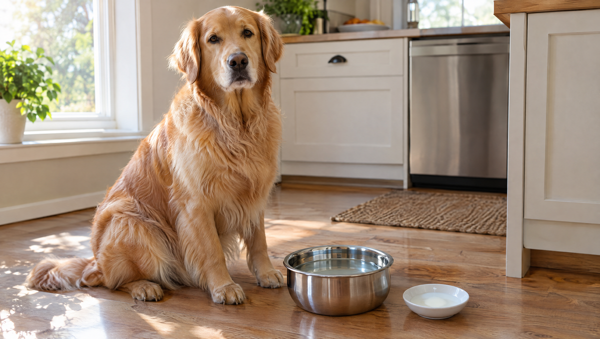 Golden retriever sitting beside a large bowl of fresh water and a small dish holding a splash of milk in a sunny kitchen