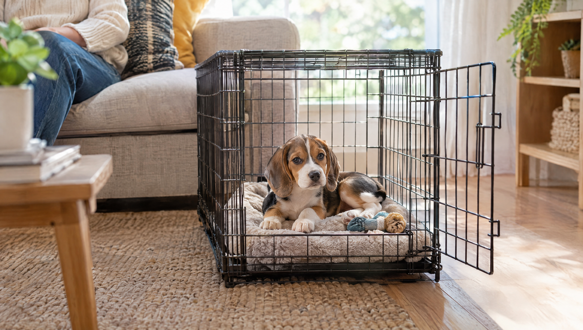 Beagle puppy resting on a soft bed inside a wire puppy crate with the door open, in a family living room