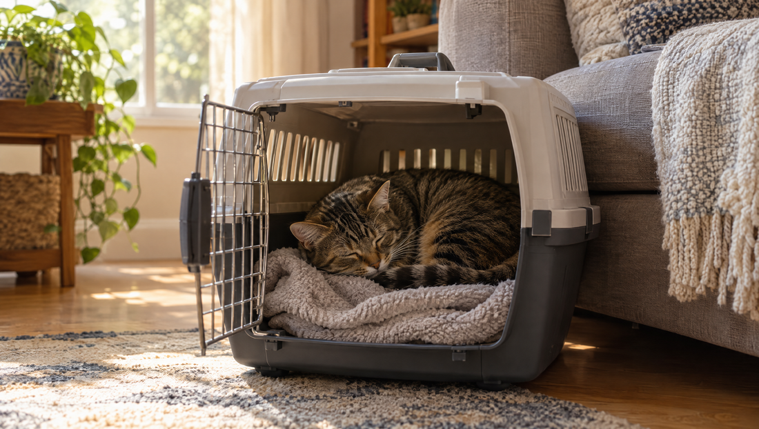 A tabby cat asleep on a soft blanket inside an open hard-sided cat carrier left out in a sunny living room