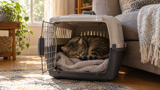 A tabby cat asleep on a soft blanket inside an open hard-sided cat carrier left out in a sunny living room