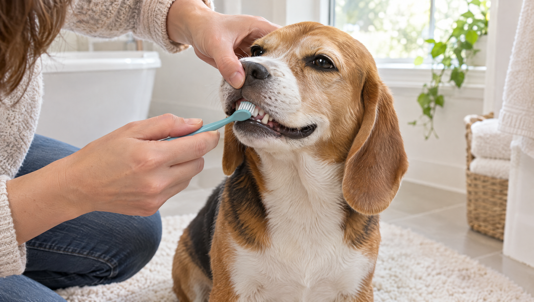 Beagle sitting calmly on a bath mat while an owner lifts its lip and brushes the outer teeth with a soft pet toothbrush