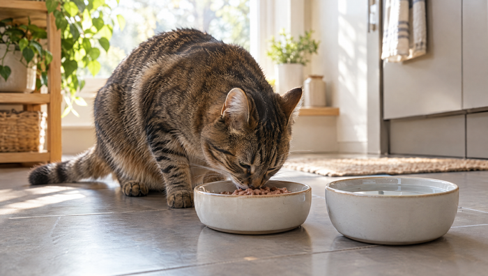 A tabby cat eats wet cat food from a ceramic bowl on a sunlit kitchen floor, with a bowl of fresh water beside it