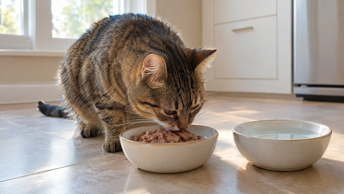 Tabby cat eating wet cat food from a ceramic bowl beside a bowl of fresh water on a sunlit kitchen floor