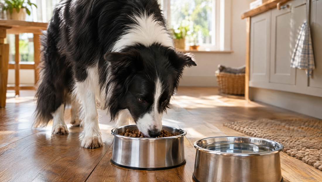 Border collie with a glossy black and white coat eating kibble from a steel bowl beside a bowl of fresh water in a sunny kitchen
