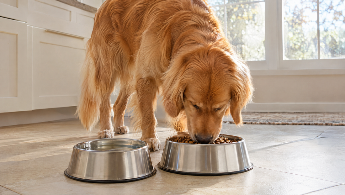 Golden retriever eating kibble from a steel bowl beside a bowl of fresh water on a sunlit kitchen floor
