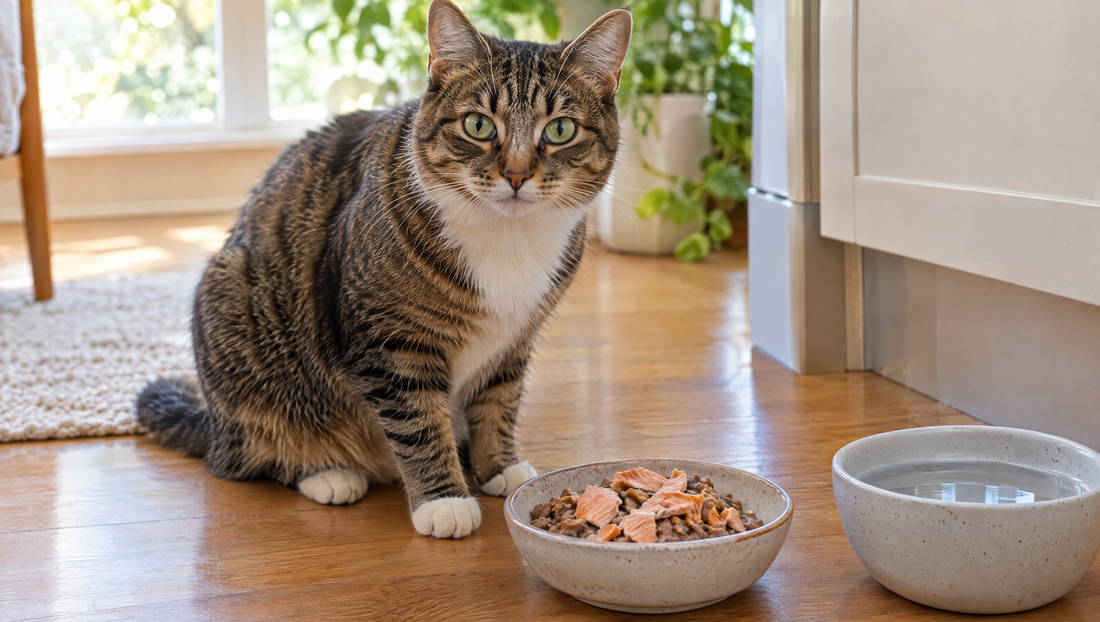 A tabby cat sits beside a bowl of wet cat food topped with cooked salmon flakes and a bowl of fresh water on a sunlit wooden floor