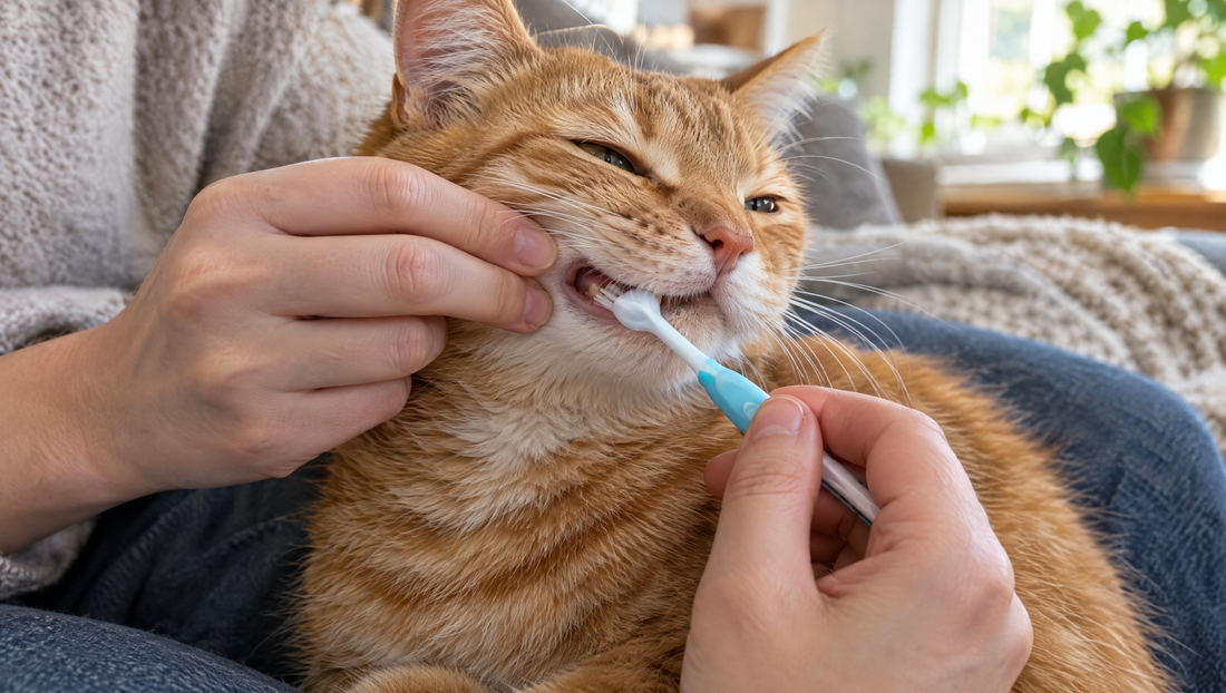 An orange tabby cat relaxing on a lap while its owner gently lifts its lip and brushes the outside of its side teeth with a small cat toothbrush