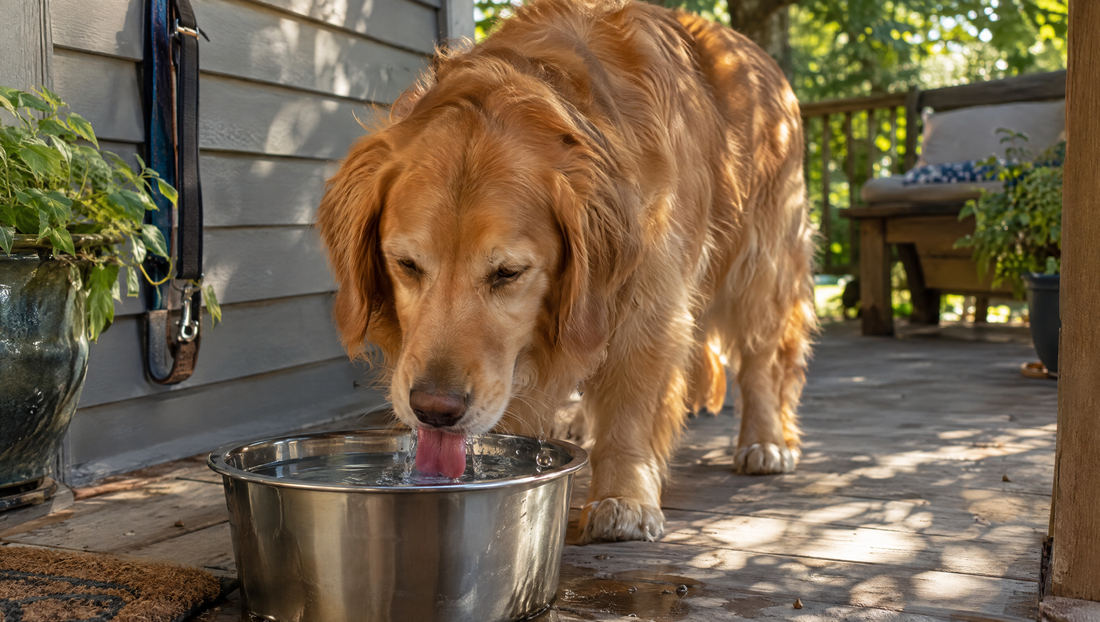 Golden retriever lapping fresh water from a wide steel dog water bowl on a shaded porch after a walk