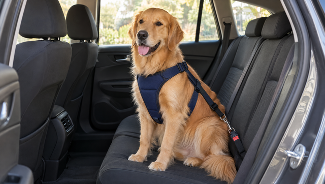 Golden retriever sitting on the back seat of a car in a padded car harness clipped to the seat belt buckle