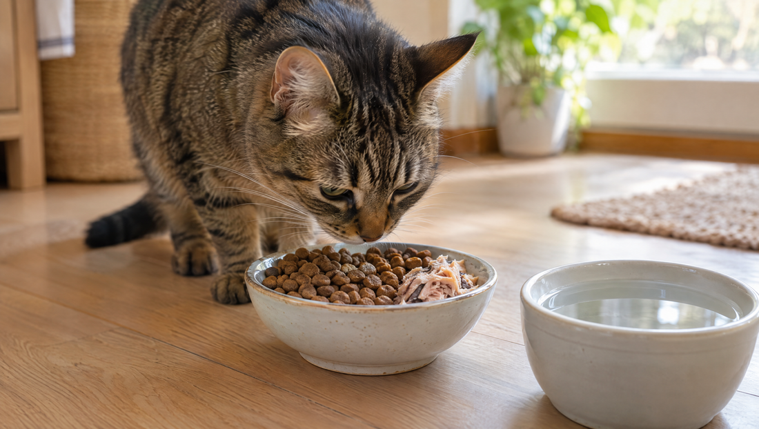 Tabby cat sniffing a bowl of dry kibble with a small spoonful of wet fish cat food topper on one edge, beside a bowl of water