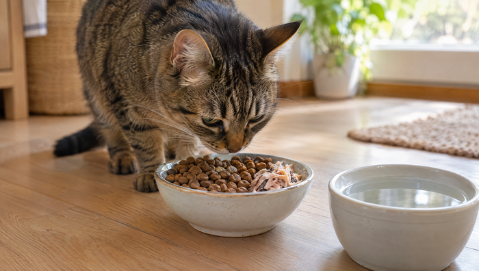 Tabby cat sniffing a bowl of dry kibble with a small spoonful of wet fish cat food topper on one edge, beside a bowl of water
