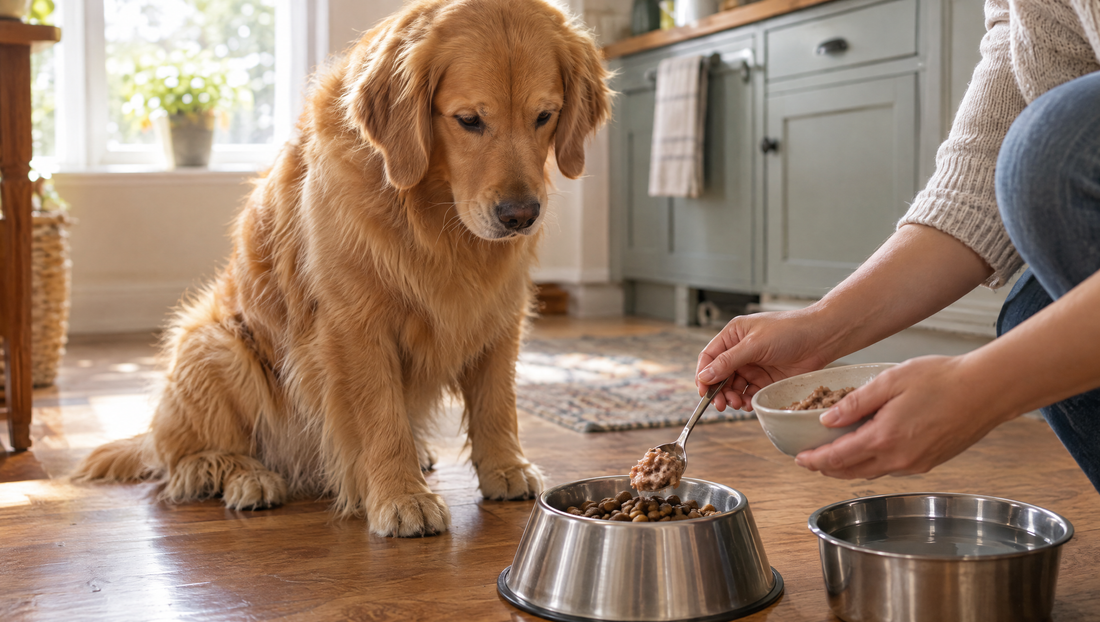 Golden retriever sitting and watching as a spoonful of wet dog food topper is added to a bowl of dry kibble