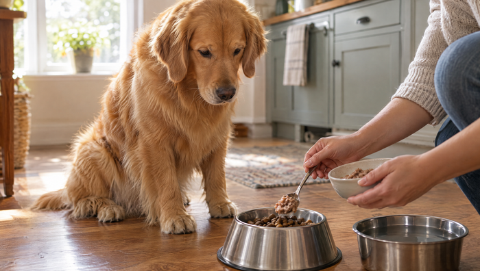 Golden retriever sitting and watching as a spoonful of wet dog food topper is added to a bowl of dry kibble