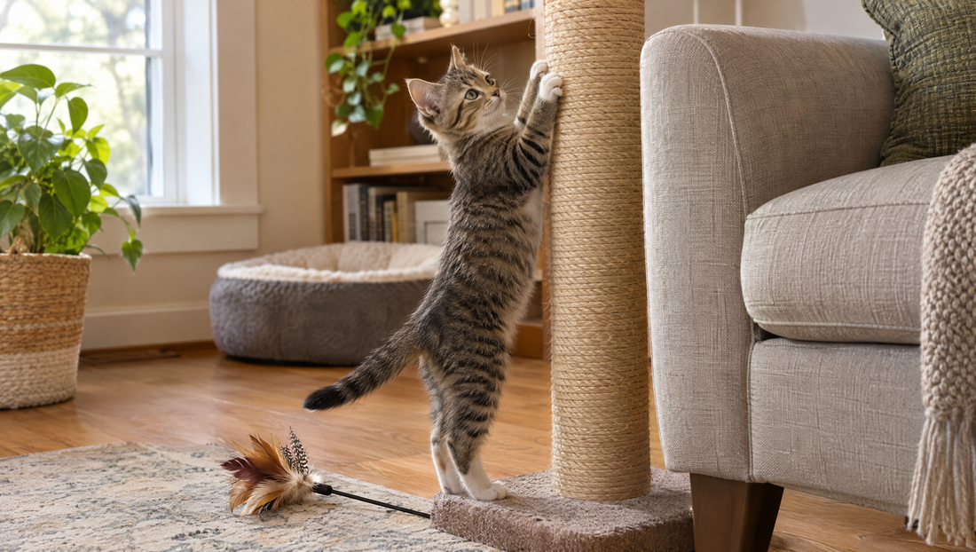 A tabby kitten stretching up a tall sisal cat scratcher placed beside the arm of a sofa in a sunny living room