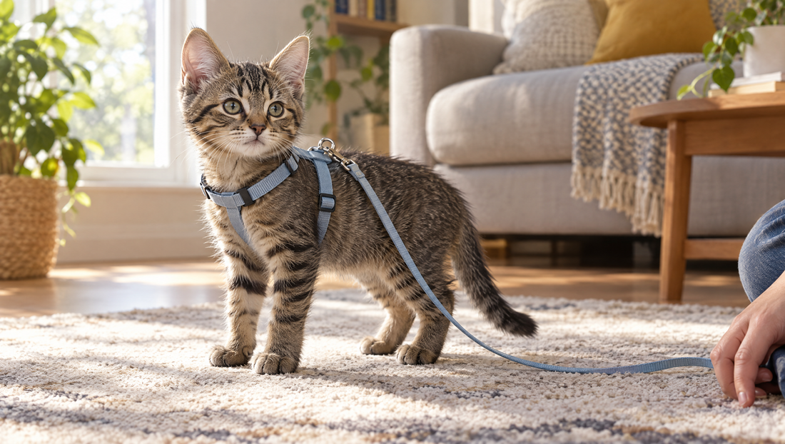 A tabby kitten standing calmly on a living room rug in a fitted H-style kitten harness, with a slack leash clipped to the back