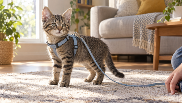 A tabby kitten standing calmly on a living room rug in a fitted H-style kitten harness, with a slack leash clipped to the back