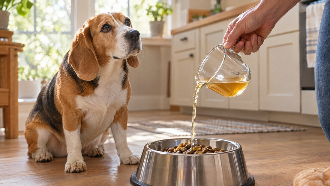Beagle watching as plain, strained bone broth for dogs is poured over kibble in a steel bowl in a sunny kitchen