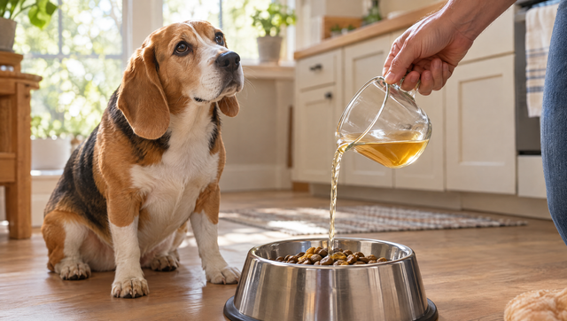 Beagle watching as plain, strained bone broth for dogs is poured over kibble in a steel bowl in a sunny kitchen