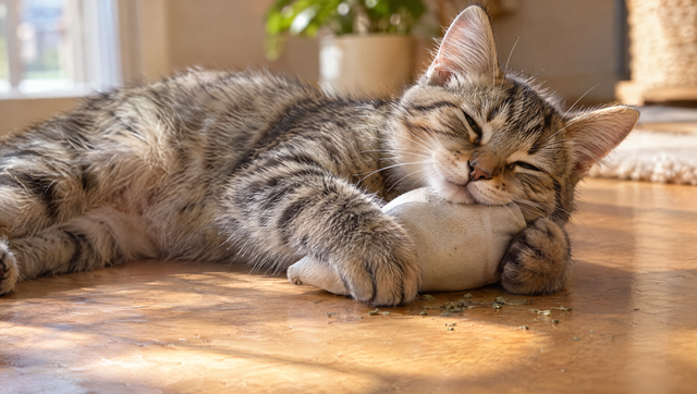 A relaxed tabby kitten lying on a sunny wooden floor, rubbing its cheek on a small catnip toy with a few flecks of dried catnip nearby