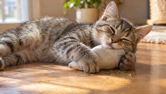 A relaxed tabby kitten lying on a sunny wooden floor, rubbing its cheek on a small catnip toy with a few flecks of dried catnip nearby