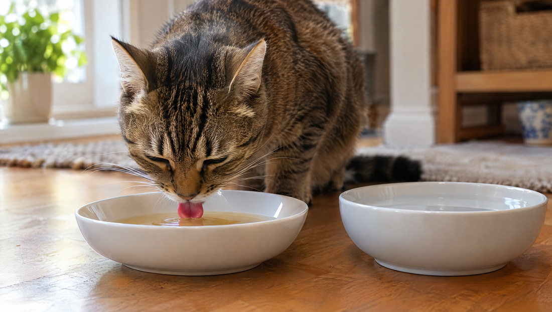 Tabby cat lapping broth-flavored water from a wide shallow dish beside a second bowl of plain fresh water